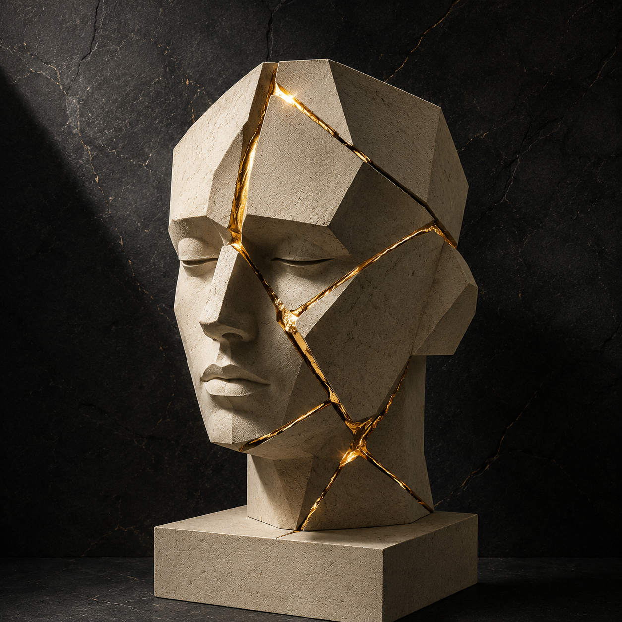Scultura minimalista spezzata e ricomposta con linee d'oro su sfondo charcoal. Rappresentazione dell'impatto psicologico delle terapie invasive e della cura cronica a Roma.