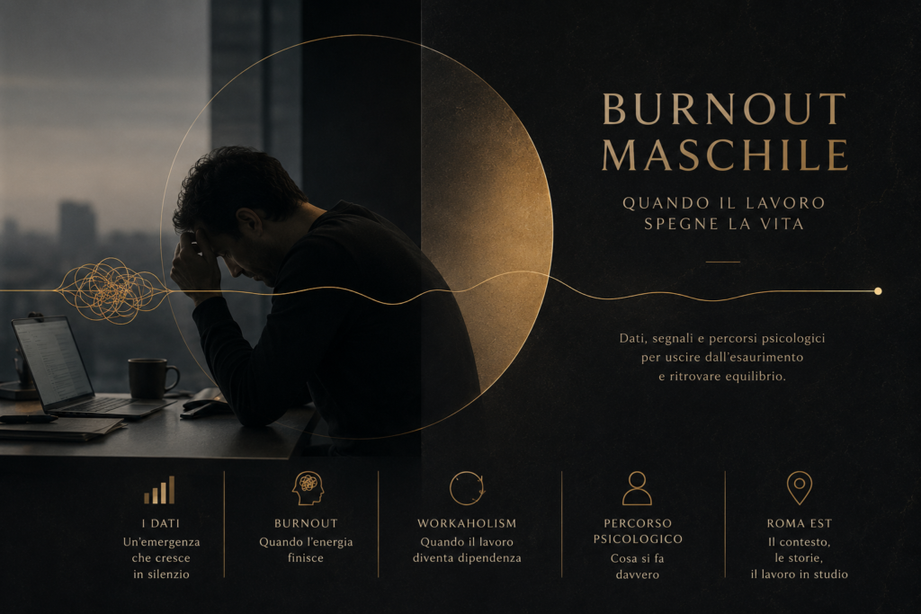 Immagine concettuale sul burnout maschile e sul workaholism: un uomo esausto davanti al computer rappresenta stress lavorativo cronico, esaurimento emotivo e difficoltà psicologiche negli uomini.