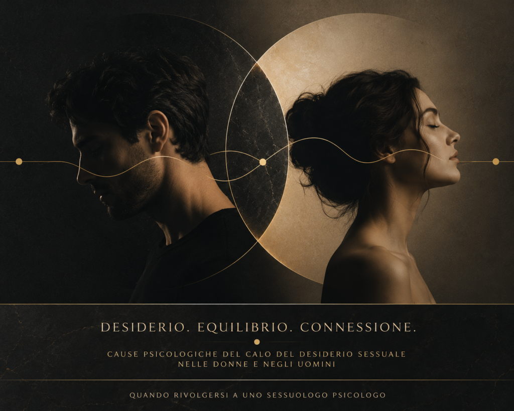 Immagine concettuale in stile luxury minimalist che rappresenta il calo del desiderio sessuale negli uomini e nelle donne, con due profili umani separati ma connessi da elementi dorati su sfondo scuro. Simbolo delle dinamiche psicologiche della sessualità e della relazione di coppia.