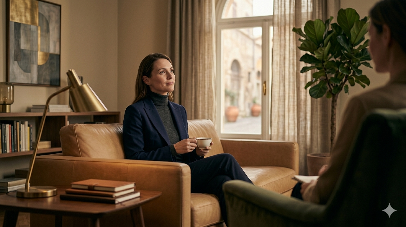 Un interno studio di psicoterapia a Roma in stile luxury ed editoriale, con una poltrona in velluto verde smeraldo illuminata da una luce morbida e naturale, che evoca un senso di calma, spazio e transizione terapeutica per la cura della depressione