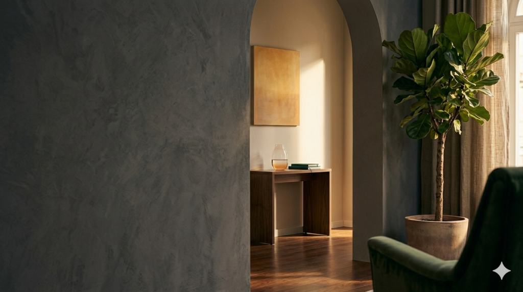 Una composizione concettuale e luxury per la sessuologia maschile: un dettaglio architettonico minimalista con un gioco di luci e ombre geometriche, una pianta di Ficus lyrata illuminata dal sole e un taccuino verde smeraldo su un tavolo in legno di noce.