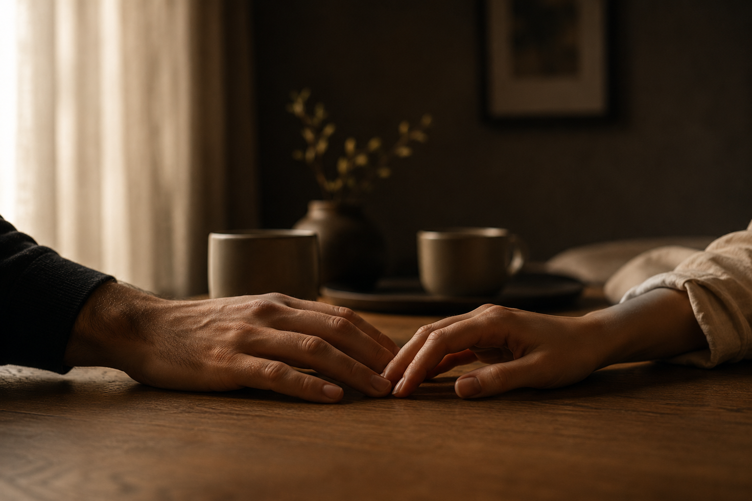 Dettaglio fotografico di due mani che si sfiorano su un tavolo in legno in un ambiente domestico raffinato, evocando il tema dell'intimità di coppia da ritrovare.